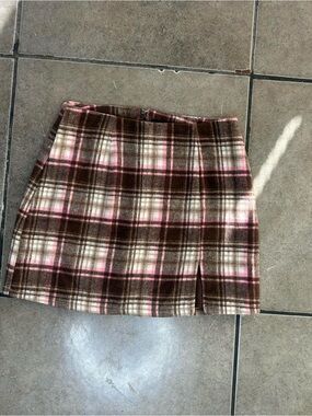 Plaid Mini Skirt in Brown and Pink - Women